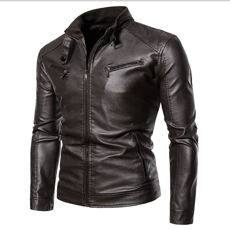 Herren Figurbetonte Kunstleder-Bikerjacke mit Stehkragen und Reißverschlusstaschen Echoarchiv