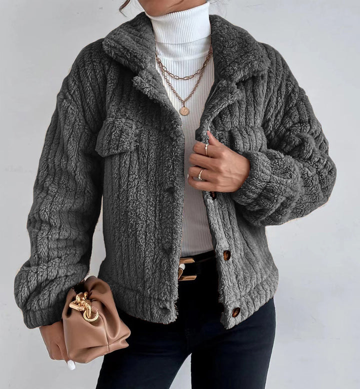 Damen nan kuschelige Teddyjacke mit Hemdkragen, Druckknopfverschluss und aufgesetzten Brusttaschen Echo Archiv