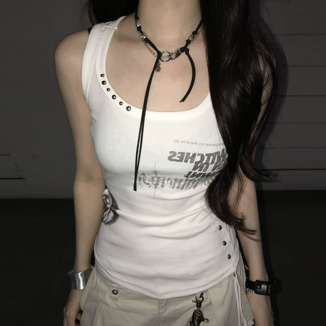 Damen Trendiges Oversized Tanktop mit auffälligem Grafikdruck und Rüschen Echo Archiv