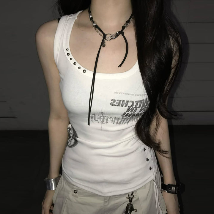 Damen Trendiges Oversized Tanktop mit auffälligem Grafikdruck und Rüschen Echo Archiv
