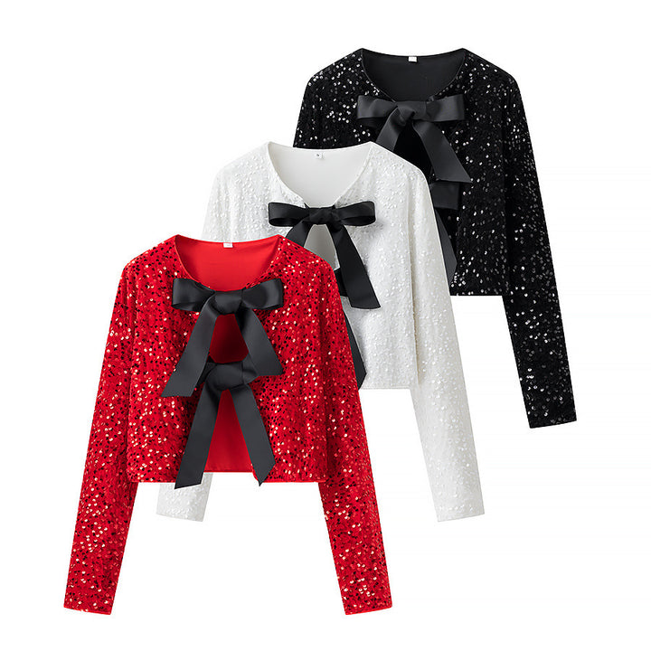 Damen kurze Pailletten-Jacke mit zweifacher Satin-Schleifenfront und Rundhalsausschnitt – Célinea