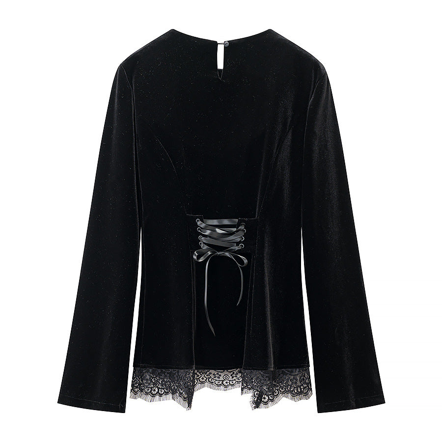 Damen Samtbluse mit Spitzen-Insert und asymmetrischem Spitzensaum Echo Archiv