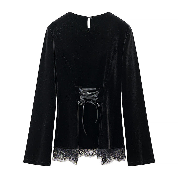 Damen Samtbluse mit Spitzen-Insert und asymmetrischem Spitzensaum Echo Archiv