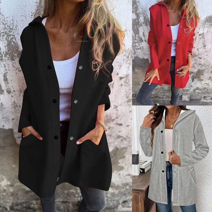 Damen Langer Kapuzen-Cardigan mit Druckknopfleiste, Eingrifftaschen und legerer Silhouette – Veloura
