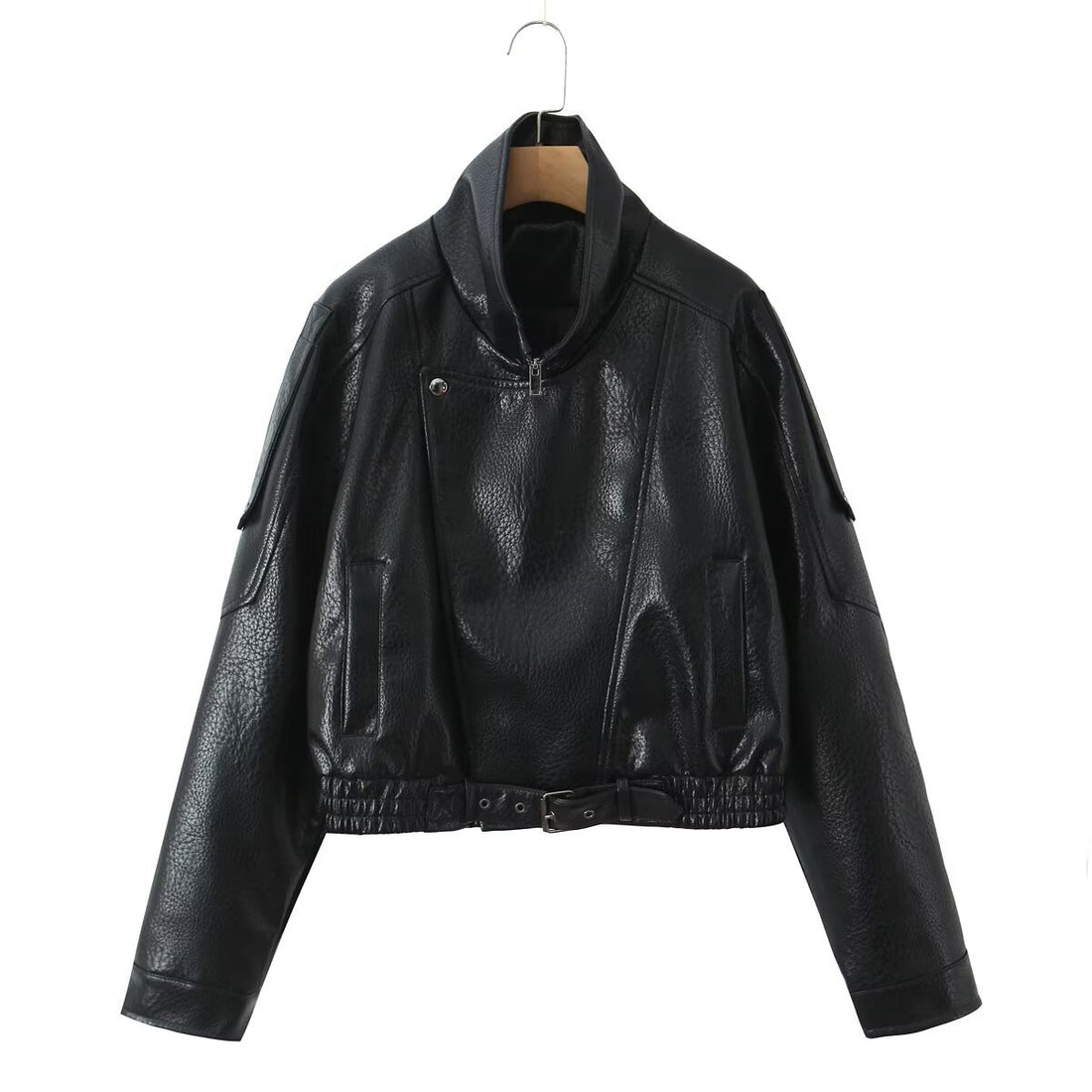 Damen Cropped Bikerblouson aus veganer Lederoptik mit asymmetrischer Frontpatte und Taillenbund Echoarchiv