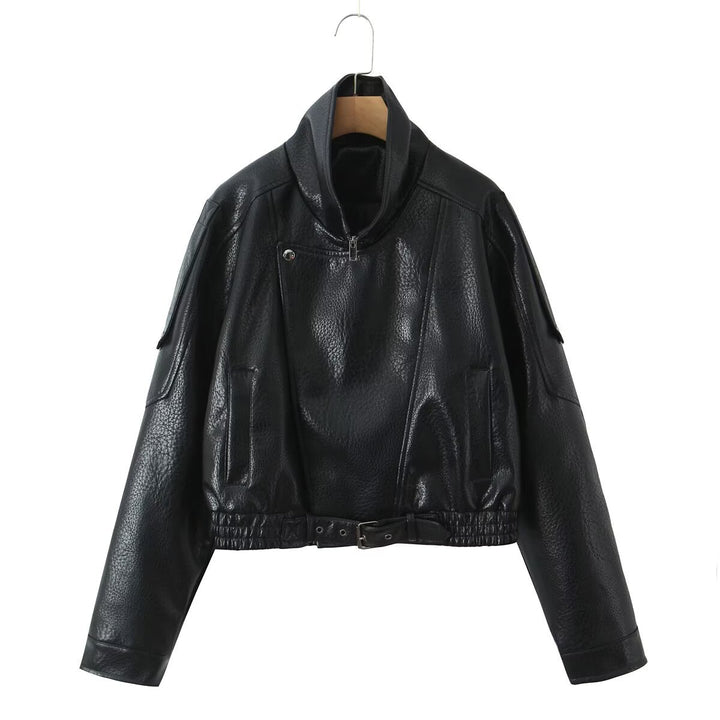 Damen Cropped Bikerblouson aus veganer Lederoptik mit asymmetrischer Frontpatte und Taillenbund Echoarchiv