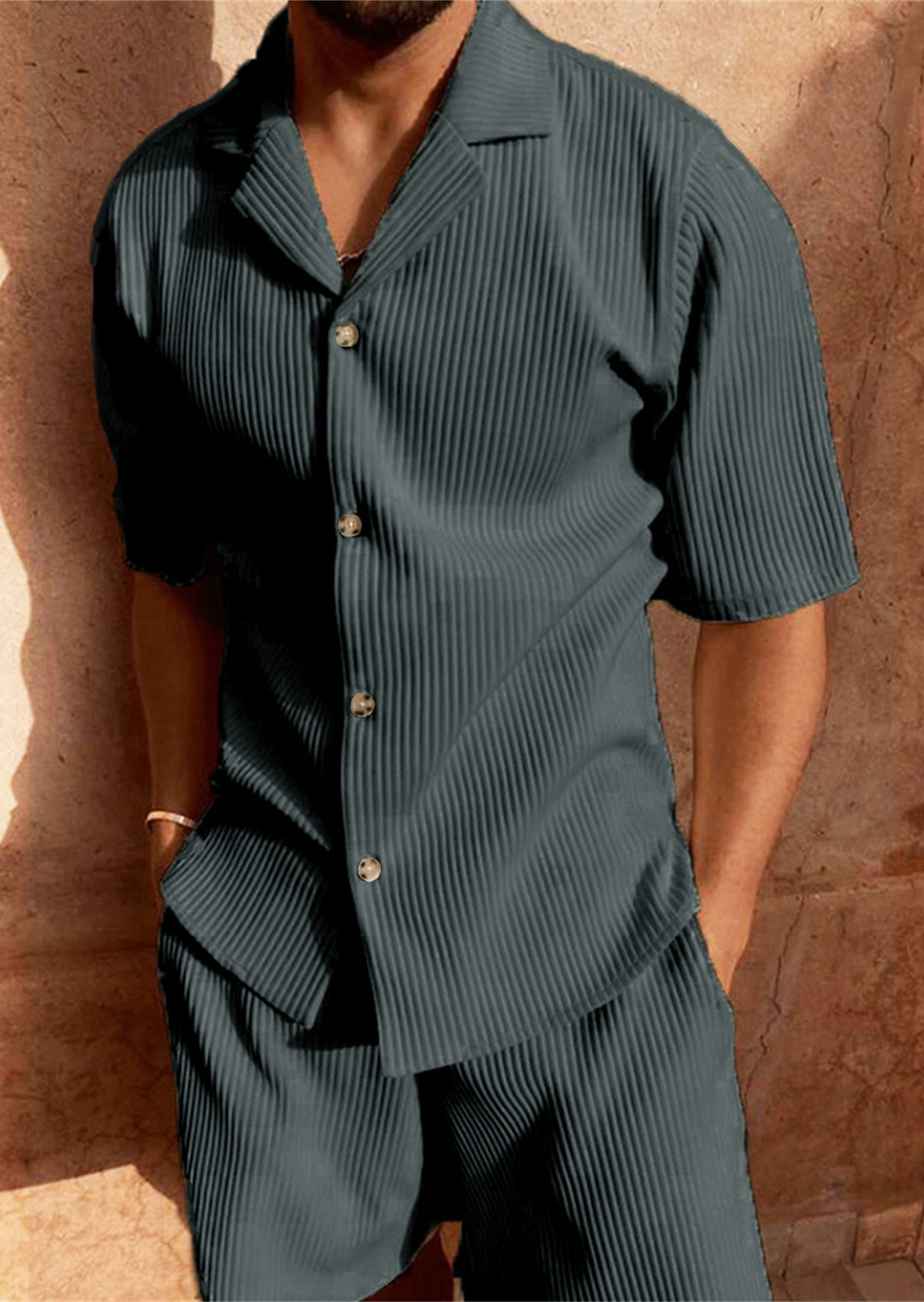 Herren kurzärmliges Hemd- und Shorts-Set mit strukturiertem Design Echoarchiv
