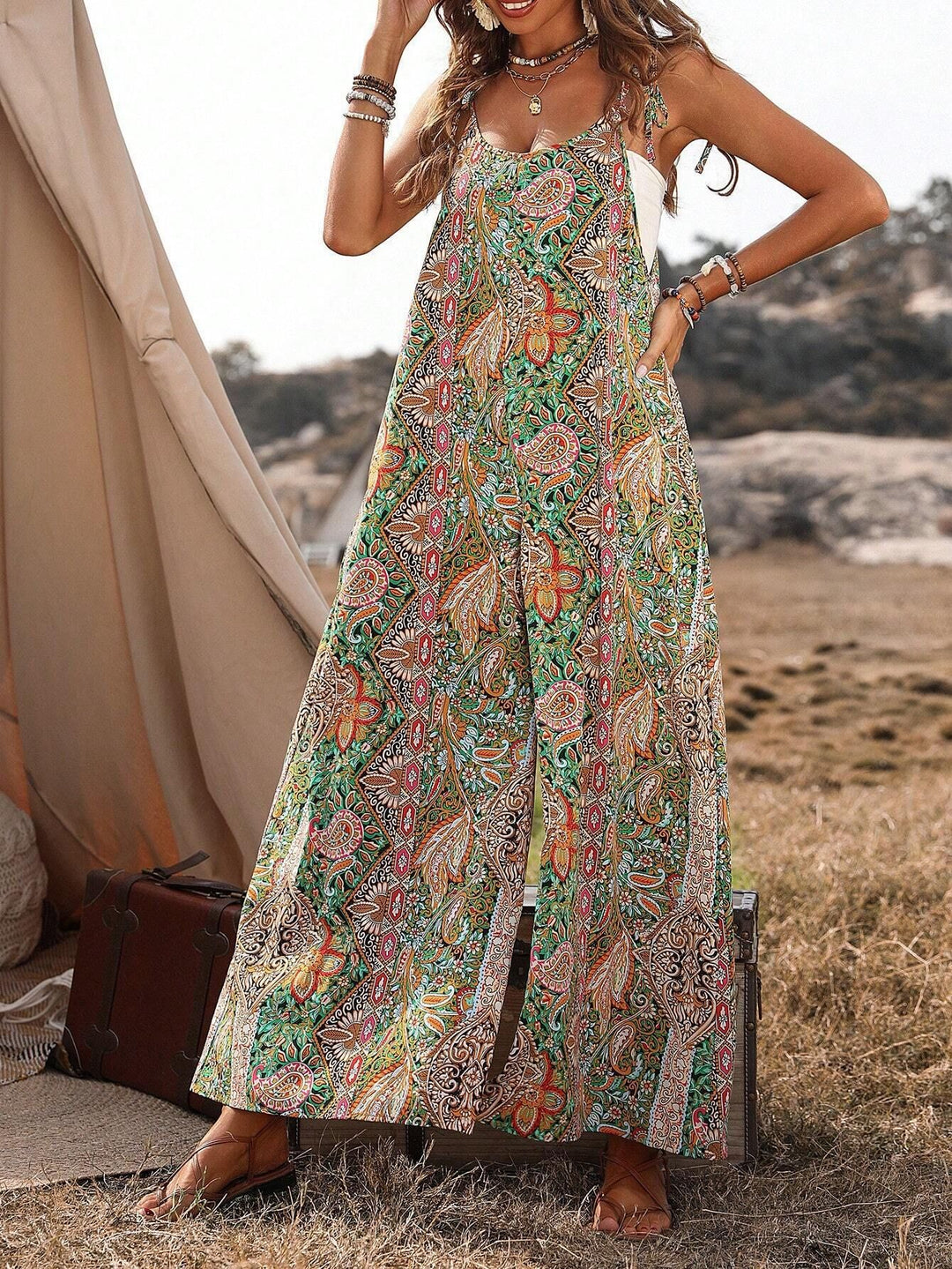 Damen Weiter Palazzo-Overall mit verstellbaren Trägern, Seitentaschen und Boho-Print Echo Archiv