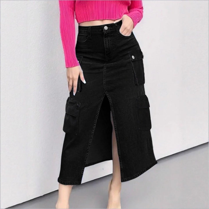 Damen Cargo-Jeans-Midirock mit Frontschlitz und aufgesetzten Cargotaschen Echo Archiv