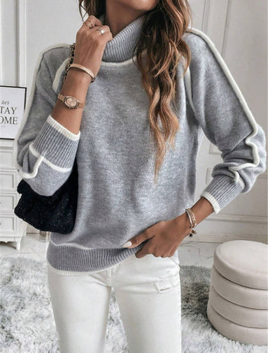 Damen Eleganter Rollkragenpullover mit Strukturierter Strickoberfläche und Farblich Abgesetzten Akzenten Echoarchiv