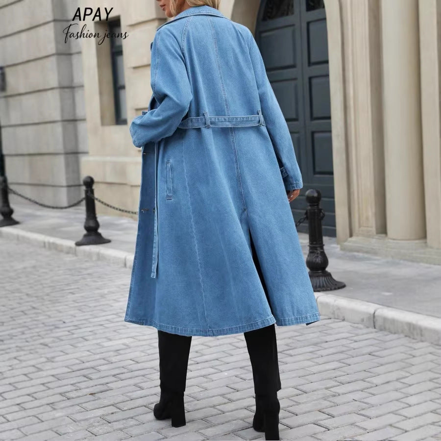 Damen Langer Denim-Trenchcoat mit Bindegürtel und Raglanärmeln Echo Archiv
