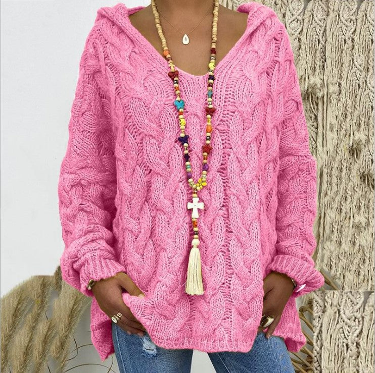 Damen nan oversized Kapuzenpullover mit Zopfmuster, tiefem V-Ausschnitt und seitlichen Schlitzen Echo Archiv