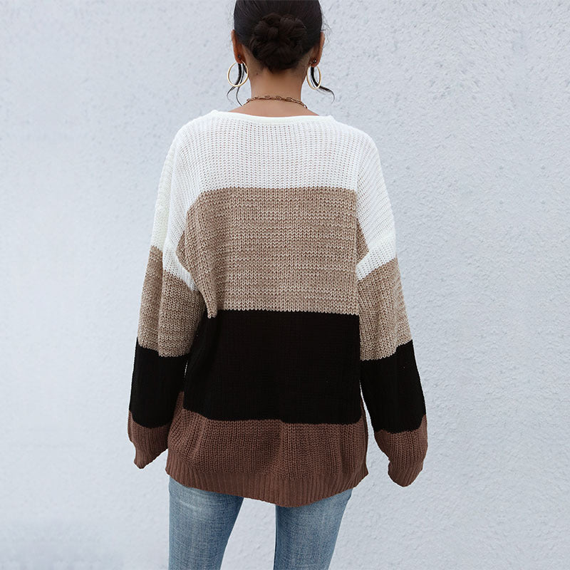 Damen Lässiger Farbblock-Strickpullover mit offener Maschenstruktur und Rundhalsausschnitt Echoarchiv