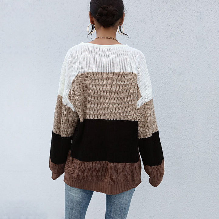Damen Lässiger Farbblock-Strickpullover mit offener Maschenstruktur und Rundhalsausschnitt Echoarchiv