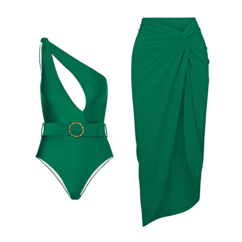 Damen Einteiliger Badeanzug mit asymmetrischem Schnitt und Wickelrock Echo Archiv