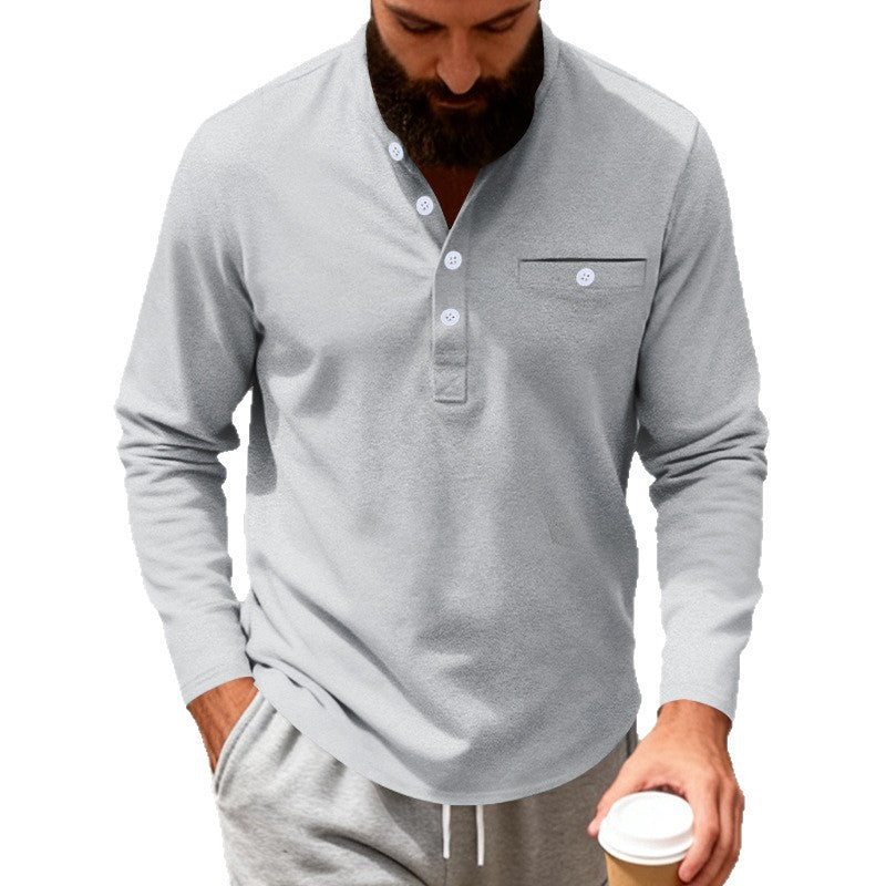 Herren nan langärmeliges Henley-Shirt mit Stehkragen, Brusttasche und dekorativer Knopfleiste Echo Archiv