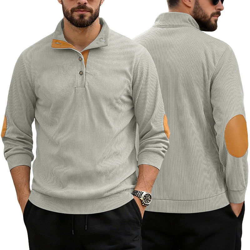Herren nan lässiger Strukturpullover mit Polokragen, kurzer Knopfleiste und veganen Lederbesätzen Echo Archiv