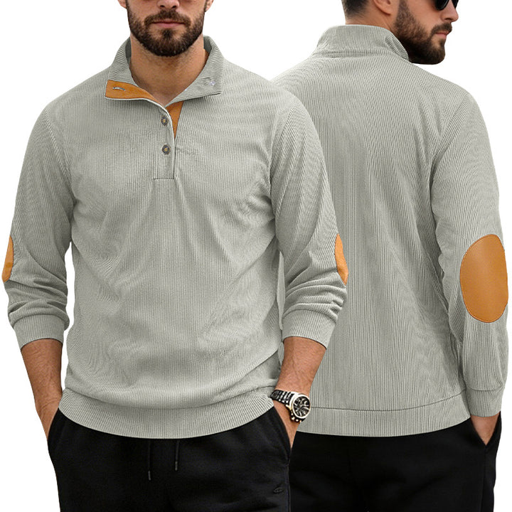 Herren nan lässiger Strukturpullover mit Polokragen, kurzer Knopfleiste und veganen Lederbesätzen Echo Archiv