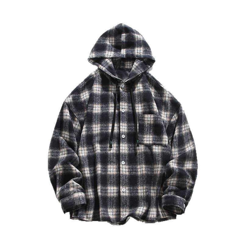 Herren Karierte Flanelljacke mit Kapuze und Knopfverschluss Echoarchiv