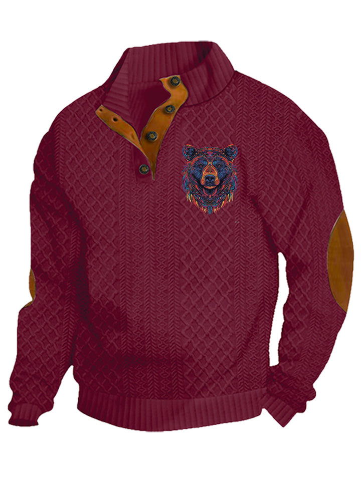Herren nan Heritage-Strukturpullover mit Stehkragen Lederimitat-Besatz Ellenbogen-Patches und Halbknopfleiste Echo Archiv