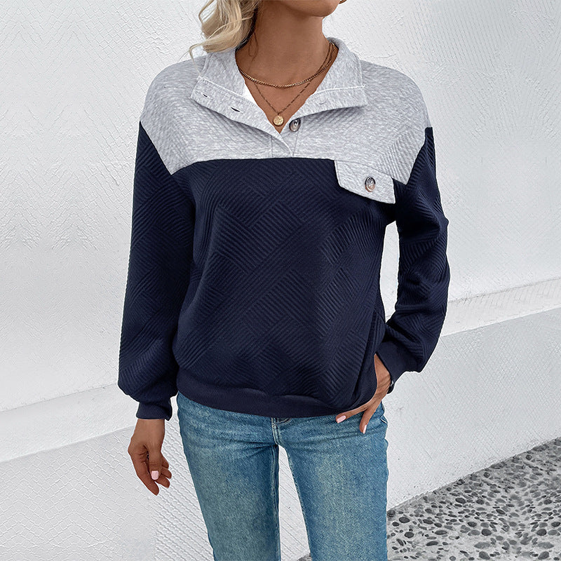 Damen Strukturierter Stehkragen-Sweatshirtpullover mit Knopfleiste Echoarchiv