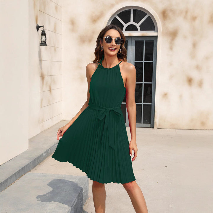 Damen Plissiertes Sommerkleid mit tailliertem Gürtel und Halterneck Echoarchiv