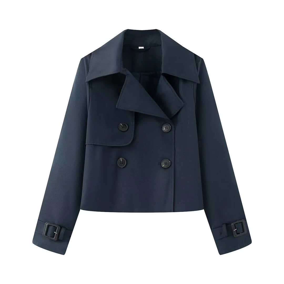 Damen kurz geschnittener Cropped Trenchcoat mit doppelreihiger Knopfleiste und verstellbaren Ärmelriemen – Montévia