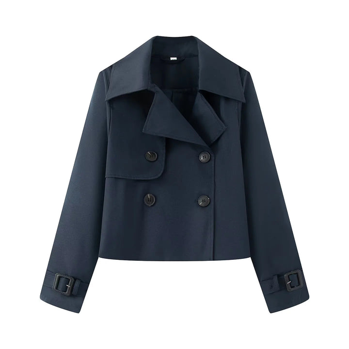 Damen kurz geschnittener Cropped Trenchcoat mit doppelreihiger Knopfleiste und verstellbaren Ärmelriemen – Montévia