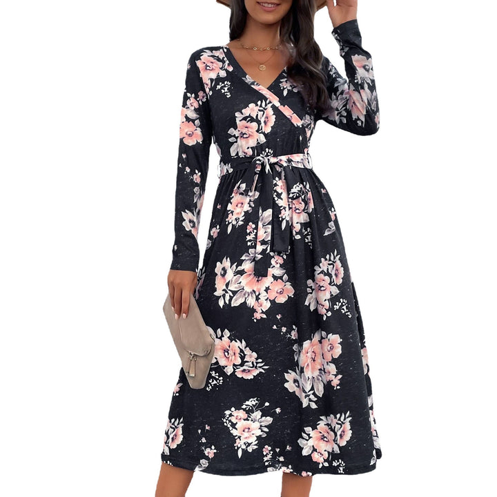 Damen Florales Wickel-Midikleid mit V-Ausschnitt, Taillengürtel und ausgestelltem Rock Echoarchiv