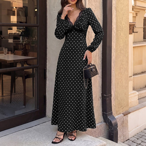 Damen Polka‑Dot Maxikleid mit Spitzen‑V-Ausschnitt, Empire‑Taillenlinie und langem Fließrock Echoarchiv