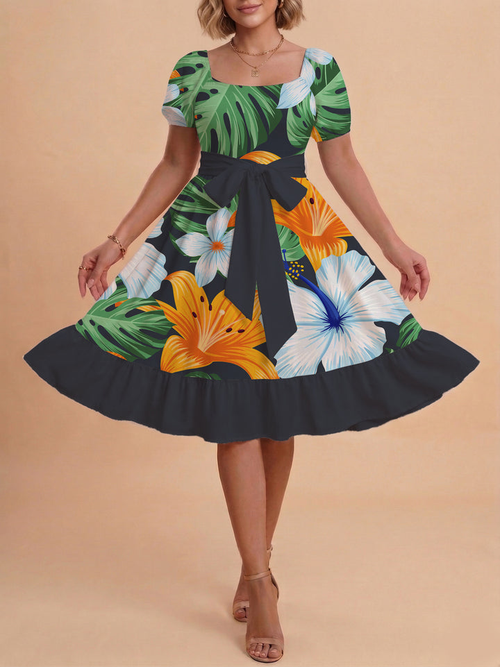 Damen A-Linien-Kleid mit floralen Motiven und taillierbarem Gürtel Echo Archiv