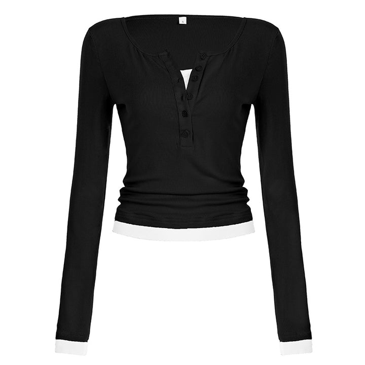 Damen nan tailliertes Henley-Crop-Longsleeve mit kontrastierenden Saum- und Ärmelbündchen Echo Archiv