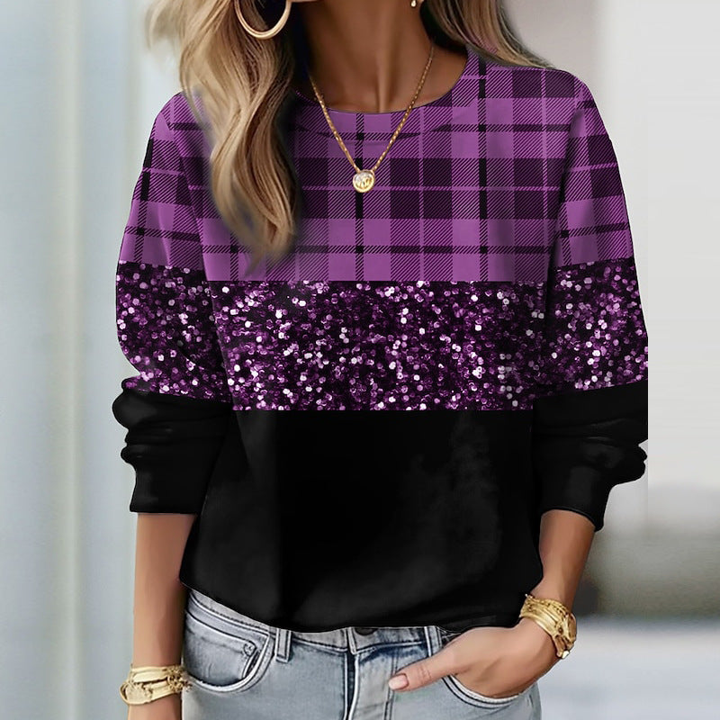 Damen Sweatshirt mit Karomuster, Pailletten-Band und lockerem Saum – Avérine