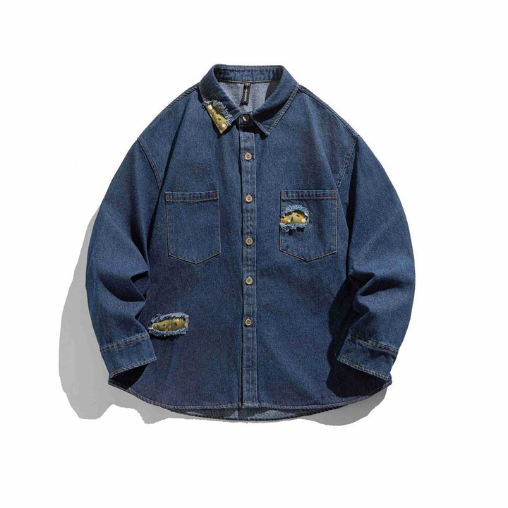 Herren Oversized Jeanshemd-Jacke mit Used-Effekten und Camouflage-Patches Echoarchiv