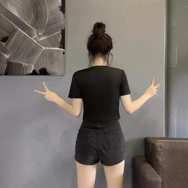 Damen Crop-T-Shirt mit glänzendem Sternmotiv und figurbetontem Schnitt Echo Archiv