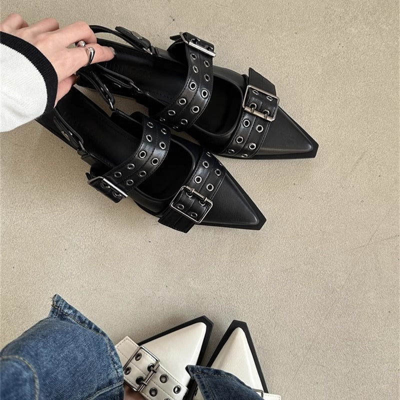 Damen Spitz zulaufende Slingback‑Flats mit doppelten Ösen‑Riemen und verstellbarer Schnalle – Lioré