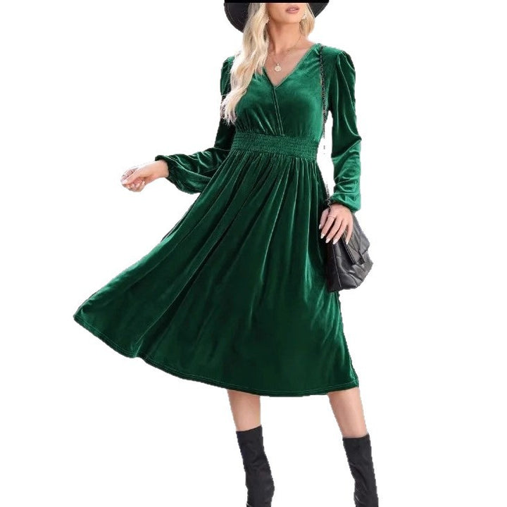 Damen Midikleid aus Samt mit V-Ausschnitt, geraffter Smock-Taille und langen Ballonärmeln – Élara
