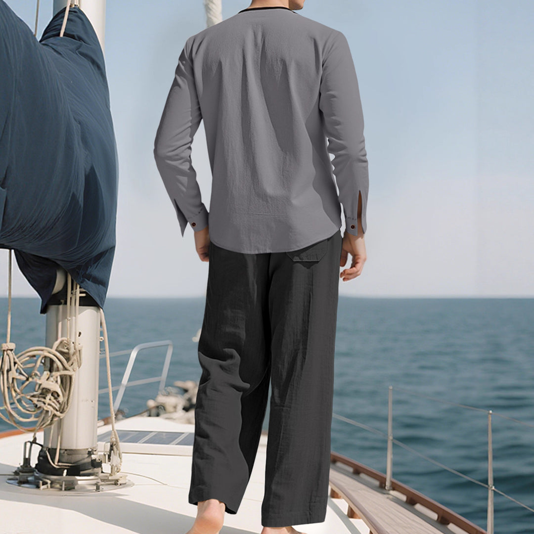 Herren nan Tunika- und Palazzohose-Set mit Henley-Blende, Zierstickerei und weitem Schnitt Echo Archiv