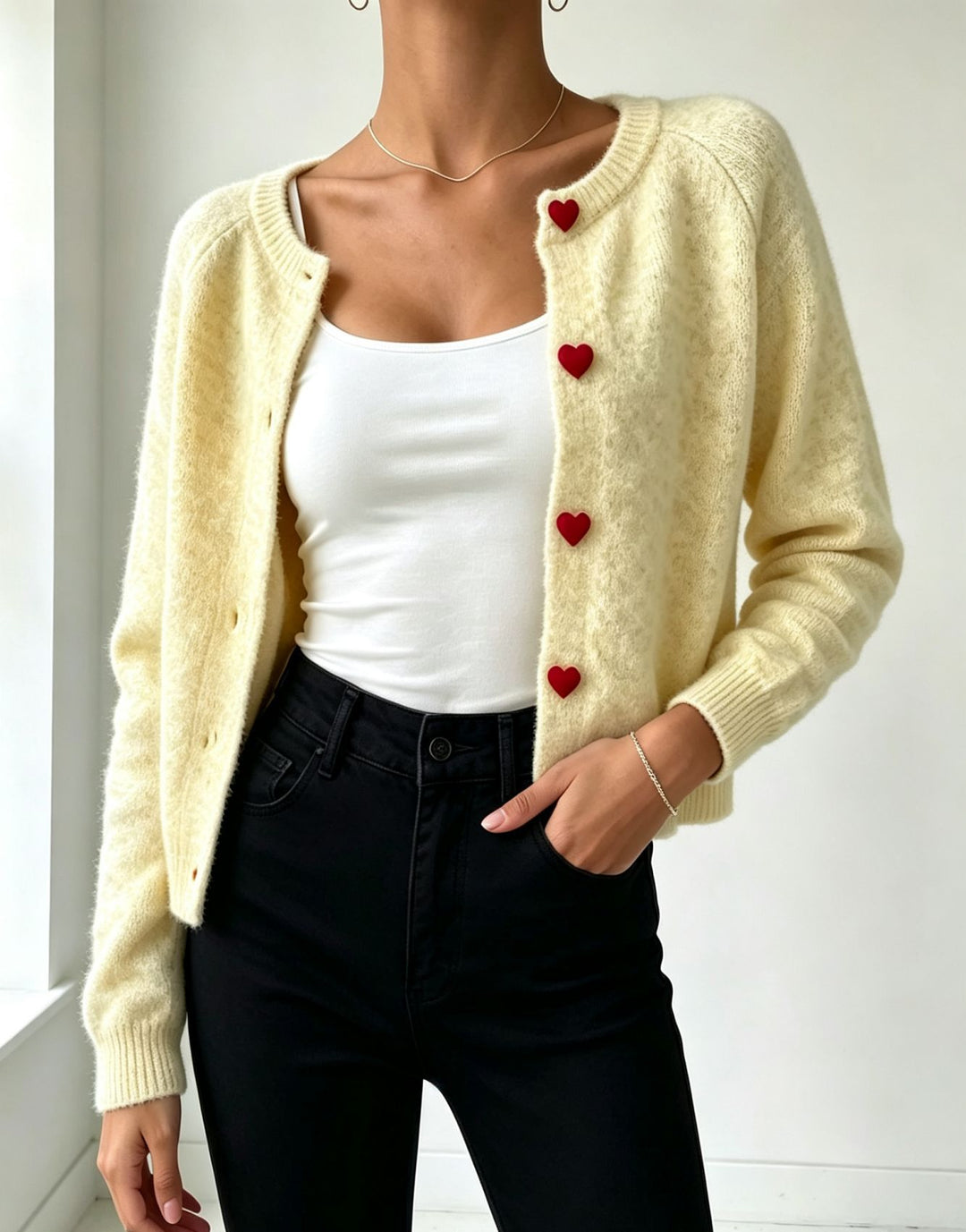 Damen Strickcardigan mit herzförmigen Zierknöpfen und weicher Mohair-Optik – Veloura
