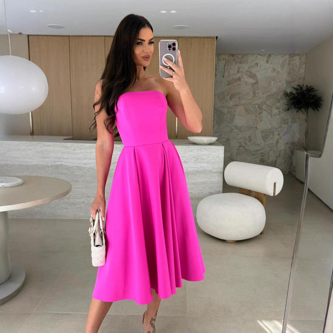 Damen A-linien Cocktailkleid mit trägerlosem Schnitt und schwingendem Rock Echoarchiv