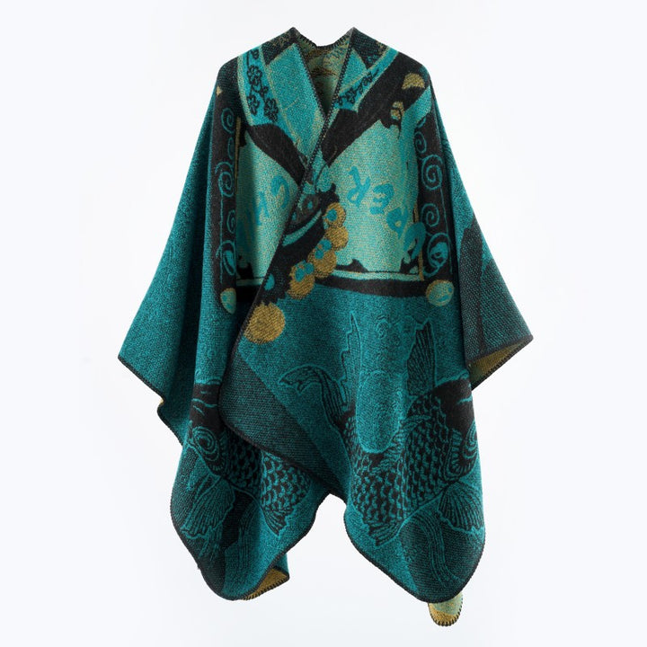 Damen Jacquard-Strick Cape mit Koi-Motiv und weitem Oversize-Fall Echo Archiv