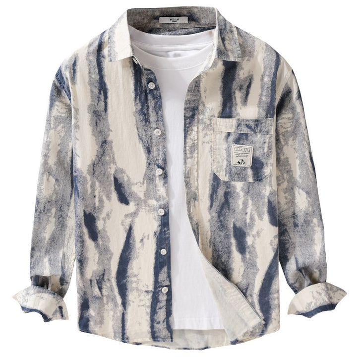Herren Lockeres Hemdjacken-Overshirt aus Leinen-Baumwollmix mit abstraktem Brush‑Print und Kentkragen Echoarchiv