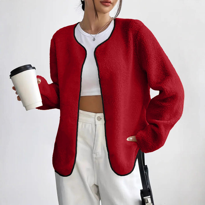 Damen Kurzjacke Teddy-Fleece Cardigan ohne Verschluss mit Rundhals – Célinea