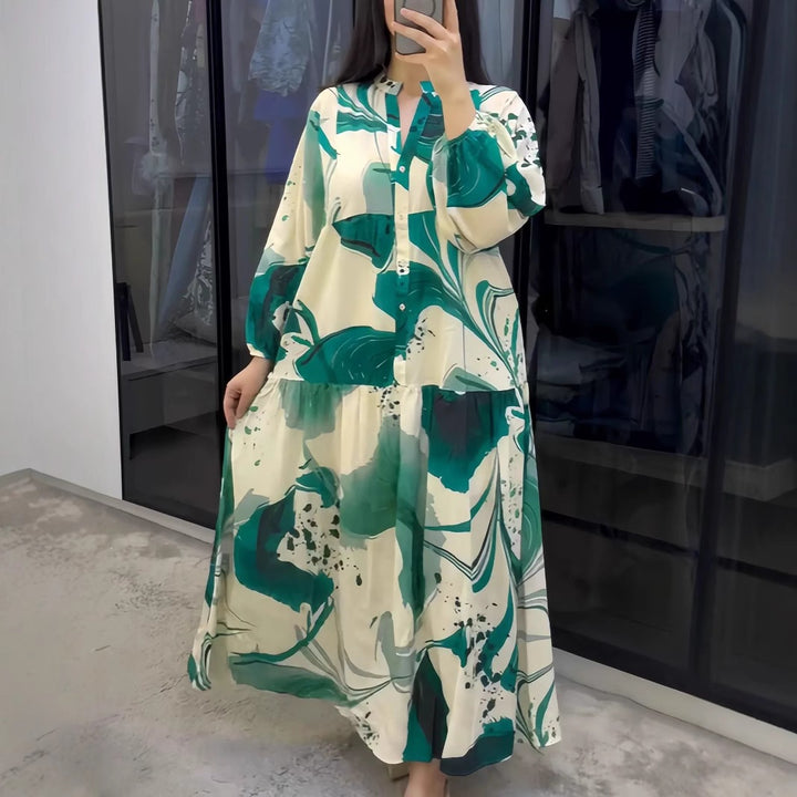 Damen Fließendes Stufenkleid mit Stehkragen, Ballonärmeln und Knopfleiste – Valéora