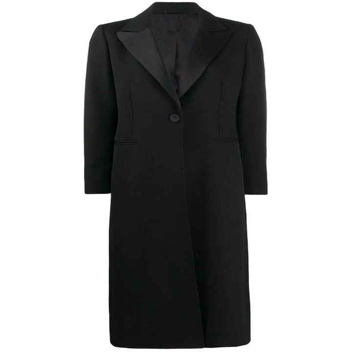 Damen Eleganter Einreihiger Longmantel im Smokingschnitt mit schmalem Revers und Satinbesatz Echoarchiv