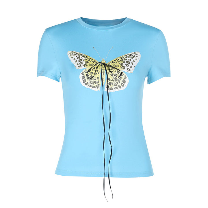 Damen Basic T-Shirt mit lebendigem Schmetterlingsdruck und verstellbarem Kordelzug Echo Archiv