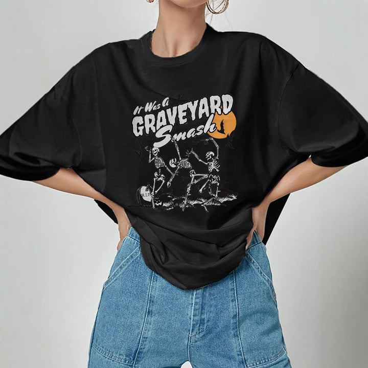 Damen T-Shirt mit künstlerischem Skelettmotiv und einzigartigem Druck Echo Archiv