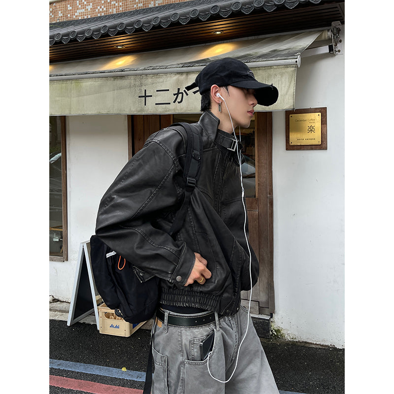 Herren Kurzer Oversized Lederimitat-Blouson mit Stehkragen, Reißverschluss und elastischem Saum Echoarchiv