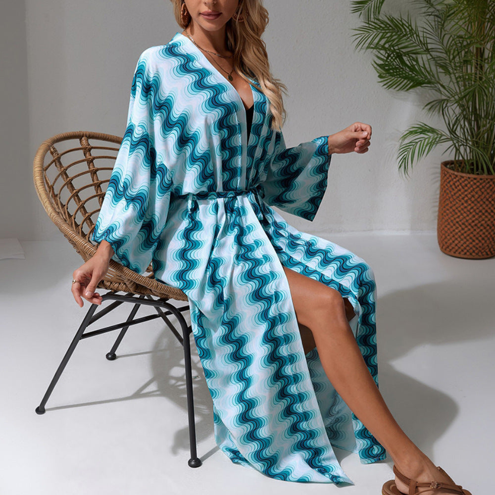Damen Langer Strandkaftan mit V-Ausschnitt, Taillen-Bindegürtel & hohem Beinschlitz Echoarchiv
