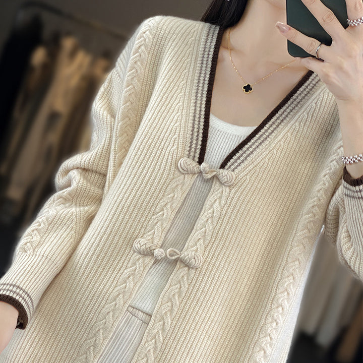Damen Strickcardigan mit Zopfmuster und dekorativen Knotenverschlüssen Echoarchiv